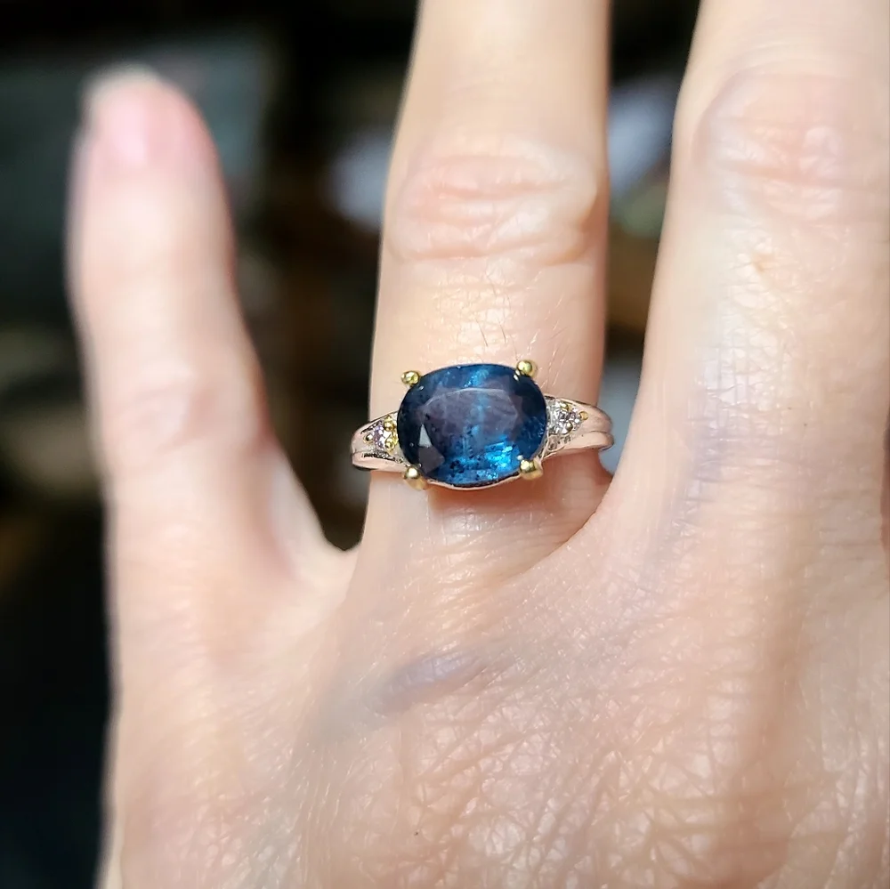 Kyanite solitaire 12k sterling & gold & Aquamarine ring sz5.5 - Picture 3 of 13